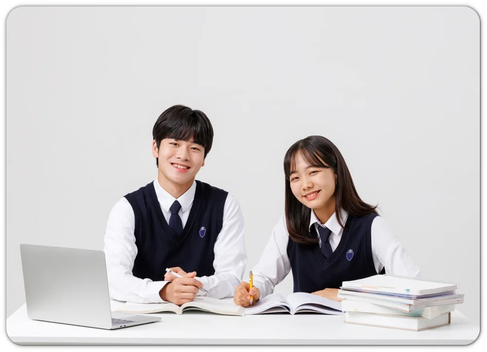 노트북과 교재를 쓰는 학생들