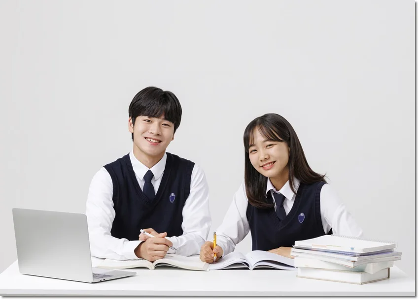 교재를 함께 보는 두 학생