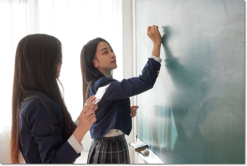 칠판의 내용을 함께 확인하는 모습