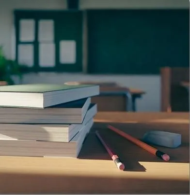 교실의 책상에 쌓인 책