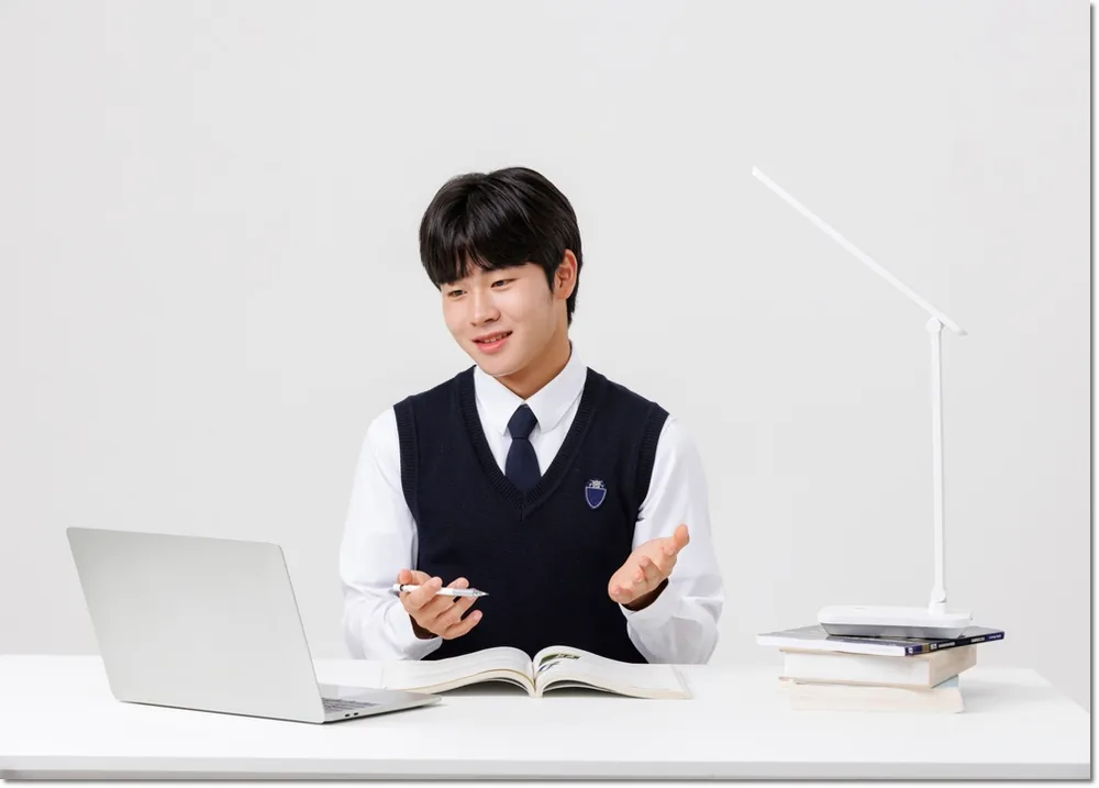 노트북을 앞에 두고 설명하는 학생