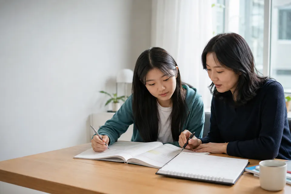 여학생과 여성 학습 코치가 학습 플래너를 함께 확인하는 연출 장면